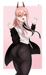 Rule 34 | 1girl, ass, breasts, chainsaw man, coat, fangs, formal, from behind, highres, horns, huge ass, large breasts, long hair, looking at viewer, o22no, open mouth, orange eyes, orange hair, pants, pantylines, power (chainsaw man), shiny clothes, solo, thick thighs, thighs, tight clothes, tight pants, trench coat