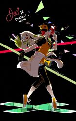 1girl aiba_ami baseball_cap black_background black_gloves black_hat black_pants black_shirt blue_eyes breasts character_name dancing digimon digimon_(creature) digimon_story:_cyber_sleuth finalelysion gloves glowstick goggles hat highres holding holding_glowstick medium_breasts medium_hair one_eye_closed pants red_hair shirt side_ponytail simple_background terriermon two-tone_shirt yellow_shirt