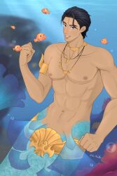 Rule 34 | 1boy, abs, agung (coral island), bara, coral island, cowboy shot, dark-skinned male, dark skin, fins, fish, gold, highres, jewelry, k mmno, large pectorals, looking at viewer, male focus, merman, monster boy, muscular, muscular male, navel, necklace, nipples, pectorals, second-party source, seductive smile, short hair, smile, solo, stomach, thick eyebrows, underwater