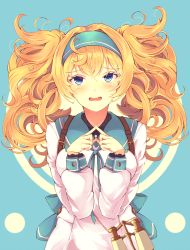 Rule 34 | 1girl, alternate costume, backpack, bag, binoculars, blonde hair, blue eyes, breasts, coat, fingers together, gambier bay (kancolle), hair between eyes, hairband, highres, index fingers together, kantai collection, large breasts, long hair, long sleeves, mizuyoukan (mikususannda), open mouth, solo, twintails, upper body