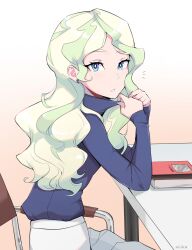 Rule 34 | 1girl, adjusting clothes, alternate costume, artist name, blue eyes, book, casual, chair, clothes pull, diana cavendish, earrings, elbows on table, gradient background, green hair, highres, jewelry, light green hair, little witch academia, long hair, looking at viewer, milka (milk4ppl), multicolored hair, shirt tucked in, sitting, solo, sweater, table, tan background, teeth, turtleneck, turtleneck sweater, two-tone hair