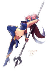 Rule 34 | 1girl, absurdres, blue footwear, blue leotard, boots, cape, dragoon, dragoon (final fantasy), final fantasy, final fantasy v, high heel boots, high heels, highleg, highleg leotard, highres, holding, holding polearm, holding trident, holding weapon, komugiko no mori, lenna charlotte tycoon, leotard, long hair, mask, mouth mask, pink hair, polearm, spear, square enix, thigh boots, trident, weapon