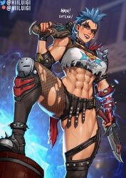 Rule 34 | 1girl, abs, absurdres, blue hair, breasts, collar, dual wielding, earrings, electricity, english text, facepaint, fishnet pantyhose, fishnets, gun, highres, hiiluigi, holding, jewelry, junker queen (overwatch), knife, large breasts, lip piercing, looking down, muscular, muscular female, overwatch, overwatch 2, pantyhose, piercing, red eyes, sawed-off shotgun, shotgun, shoulder spikes, smile, solo, spiked collar, spikes, teeth, thick thighs, thighs, weapon
