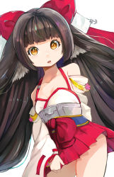 Rule 34 | 1girl, animal ears, azur lane, black hair, bow, breasts, brown eyes, cleavage, commentary request, detached sleeves, hair bow, hakama, hakama short skirt, hakama skirt, harutsuki (azur lane), highres, japanese clothes, long hair, miko, miniskirt, nontraditional miko, nyucha, open mouth, red skirt, ribbon, skirt, skirt tug, small breasts, solo, very long hair