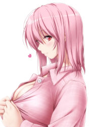 Rule 34 | 1girl, alternate costume, blouse, blush, breasts, cleavage, closed mouth, commentary, commentary request, eyelashes, female focus, fingernails, from side, futon, hair between eyes, highres, large breasts, long sleeves, looking at viewer, lying, no bra, no headwear, nori tamago, pajamas, partially unbuttoned, pink eyes, pink hair, pink pajamas, pink shirt, plaid, red eyes, saigyouji yuyuko, shirt, short hair, smile, solo, touhou, unbuttoning, undressing, upper body