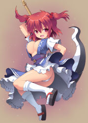 Rule 34 | 1girl, :d, black footwear, blue dress, breasts, brown background, cleavage, dress, fang, full body, fundoshi, hair bobbles, hair ornament, holding, holding scythe, japanese clothes, kurogarasu, large breasts, looking at viewer, obi, onozuka komachi, open mouth, red eyes, red hair, sash, scythe, short hair, smile, solo, thighs, touhou, two side up, white legwear