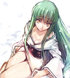 Rule 34 | 1girl, bare legs, breasts, c.c., cleavage, code geass, collarbone, creayus, downblouse, female focus, from above, green hair, japanese clothes, kimono, long hair, looking at viewer, looking up, sash, small breasts, snow, solo, thighs, yellow eyes