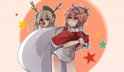 Rule 34 | 10s, 2girls, ahoge, annin musou, antlers, bad id, bad twitter id, blonde hair, blue eyes, christmas, gloves, hair ornament, hat, holly hair ornament, horns, i-58 (kancolle), kantai collection, multiple girls, pink eyes, pink hair, red gloves, red nose, sack, swimsuit, u-511 (kancolle)