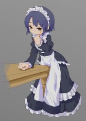 Rule 34 | 12 (nekotank), 1girl, apron, blue hair, clothed masturbation, crotch rub, dress, female focus, female masturbation, frilled dress, frills, frottage, grey background, highres, long dress, long skirt, maid, maid apron, maid headdress, masturbation, original, short hair, simple background, skirt, solo, table humping, through clothes, wavy mouth