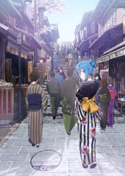 Rule 34 | alternate hairstyle, architecture, bad id, bad pixiv id, blue eyes, blue hair, building, cherry blossoms, crowd, domo1220, east asian architecture, faceless, faceless male, from behind, hatsune miku, japanese clothes, kimono, kyoto, looking at viewer, looking back, obi, outdoors, pavement, real world location, sash, smile, solo focus, stairs, tree, vocaloid