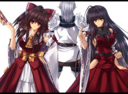 Rule 34 | 00s, 1boy, 2girls, ahoge, bad id, bad pixiv id, black hair, bow, brown hair, buront, crossover, detached sleeves, elf, final fantasy, final fantasy xi, hair bow, hakama, hakama short skirt, hakama skirt, hakurei reimu, hand on own hip, huge ahoge, japanese clothes, juri (shiningred), letterboxed, m.u.g.e.n, miko, multiple girls, nontraditional miko, original, paladin, paladin (final fantasy), pointy ears, sendai hakurei no miko, silver hair, simple background, skirt, the iron of yin and yang, touhou, white background, yellow eyes