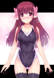 Rule 34 | 1girl, :o, amane (dream c club), bow, brown hair, competition swimsuit, dream c club, dream c club (series), hidebou, hime cut, long hair, one-piece swimsuit, pink eyes, red hair, solo, swimsuit, thighhighs, wet