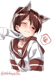 Rule 34 | 1girl, admiral (kancolle), animal collar, animal ears, blush, brown eyes, brown hair, collar, dog ears, dress, ebifurya, embarrassed, gloves, hand on another&#039;s chin, highres, kantai collection, kemonomimi mode, long hair, looking at viewer, neckerchief, one-hour drawing challenge, one eye closed, ponytail, sailor collar, sailor dress, school uniform, serafuku, shikinami (kancolle), short sleeves, simple background, solo, solo focus, stroking another&#039;s chin, twitter username, white background, white gloves