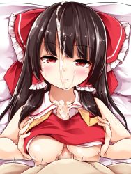 Rule 34 | 1boy, 1girl, bad id, bad pixiv id, blush, bored, bow, breasts, breasts squeezed together, brown hair, closed mouth, clothed female nude male, cum, cum on body, cum on hair, cum on upper body, facial, from above, hair bow, hair tubes, hakurei reimu, hetero, highres, long hair, looking at viewer, lying, maremay0513, medium breasts, nude, on back, paizuri, paizuri under clothes, penis, pillow, pov, red eyes, sleeveless, straddling, straddling paizuri, sweatdrop, touhou, uncensored