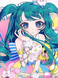 Rule 34 | 1girl, ao (ao0 0nemu), bad id, bad twitter id, bare shoulders, blue eyes, blunt bangs, commentary request, cowboy shot, detached collar, green hair, hand up, highres, idol clothes, long hair, looking at viewer, pretty series, pripara, shirt, skirt, solo, star (symbol), star print, striped clothes, striped skirt, tsukikawa chili, two side up, vertical-striped clothes, vertical-striped skirt, white shirt, wrist cuffs