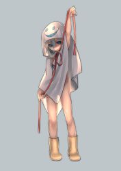 Rule 34 | 1girl, absurdres, arm at side, arm up, blonde hair, blue eyes, blue hair, boots, closed mouth, full body, ghost costume, gradient hair, grey background, hair between eyes, highres, hood, hood up, legs apart, long hair, multicolored hair, no nose, no panties, no pupils, original, puchiman, red ribbon, ribbon, see-through, simple background, solo, standing, two-tone hair, wet, yellow footwear