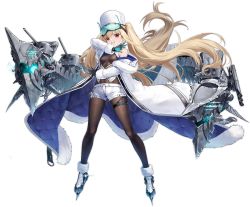 Rule 34 | 1girl, artist request, azur lane, bare shoulders, blonde hair, breasts, coat, fur-trimmed footwear, fur hat, fur trim, gloves, goggles, goggles on head, hat, highres, loincloth, long hair, long sleeves, looking at viewer, machinery, medium breasts, off shoulder, official art, open clothes, open mouth, red eyes, short shorts, shorts, skin tight, smile, solo, soobrazitelny (azur lane), thigh strap, transparent background, turret, twintails, ushanka, white hat, white shorts