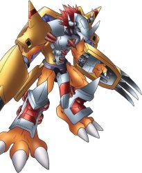 Rule 34 | 1boy, armor, bandai, biceps, claws, digimon, digimon (creature), digimon encounters, full armor, green eyes, horns, looking at viewer, mechanical wings, medium hair, muscular, official art, size difference, standing, wargreymon, weapon, wings