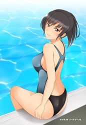 Rule 34 | 1girl, amagami, ass, black hair, breasts, brown hair, competition swimsuit, from behind, kishida-shiki, looking at viewer, one-piece swimsuit, ponytail, pool, poolside, short hair, sitting, soaking feet, solo, swimsuit, tsukahara hibiki, water