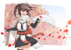 Rule 34 | 1girl, autumn leaves, black gloves, black neckerchief, black skirt, breasts, brown hair, buttons, double-breasted, elbow gloves, fingerless gloves, gloves, highres, kantai collection, large breasts, leaf, maple leaf, miniskirt, neckerchief, pleated skirt, red eyes, scarf, school uniform, sendai (kancolle), sendai kai ni (kancolle), serafuku, skirt, sleeveless, solo, two side up, white scarf, yata masahara