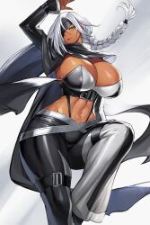 Rule 34 | 1girl, absurdres, arm up, bandeau, black bandeau, black cloak, black pants, black sleeves, braid, braided ponytail, breasts, cleavage, cloak, closed mouth, commentary, commission, dark-skinned female, dark skin, eyepatch, floating hair, groin, gurimjang, hair between eyes, highres, large breasts, long hair, long sleeves, looking at viewer, midriff, navel, original, pants, pixiv commission, shrug (clothing), sidelocks, simple background, skindentation, solo, standing, standing on one leg, thigh strap, two-tone pants, underbust, white background, white bandeau, white eyes, white hair, white pants