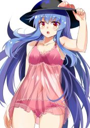 Rule 34 | 1girl, :o, adjusting clothes, adjusting headwear, arm at side, arm up, armpits, bare shoulders, black hat, blue hair, blush, bowler hat, breasts, buckle, chemise, cleavage, covered navel, cowboy shot, e.o., eyebrows, food, fruit, hat, highres, hinanawi tenshi, legs apart, lingerie, long hair, navel, open mouth, panties, peach, pink panties, red eyes, see-through, simple background, solo, standing, tareme, touhou, underwear, very long hair, white background
