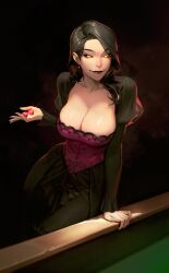 Rule 34 | 1girl, absurdres, black hair, breasts, cleavage, collarbone, copyright request, dice, dress, earrings, highres, jewelry, large breasts, limart, lipstick, long hair, long sleeves, looking at viewer, makeup, smile, solo, tagme, yellow eyes