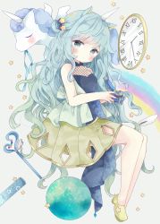 Rule 34 | 1girl, absurdres, animal, animal ears, bad id, bad pixiv id, bare shoulders, blue eyes, blue hair, blue ribbon, blue shirt, blush, clock, closed mouth, commentary request, diamond cutout, fishnets, full body, green footwear, green skirt, grey background, highres, holding, horns, horse ears, long hair, looking at viewer, mouth hold, original, ribbon, roman numeral, shirt, shoes, simple background, single horn, skirt, sleeveless, sleeveless shirt, solo, star (symbol), starry background, tsukiyo (skymint), unicorn, unicorn girl, very long hair