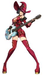 Rule 34 | 1girl, arc system works, black hair, blue eyes, breasts, electric guitar, epic seven, fingerless gloves, gloves, guilty gear, guitar, hat, i-no, instrument, large breasts, mole, mole above mouth, o-ring, o-ring top, official art, thighhighs, underboob, witch hat