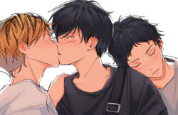 3boys black_hair black_shirt blonde_hair blush closed_eyes closed_mouth given half-closed_eyes highres kashima_hiiragi_(given) kiss multicolored_hair multiple_boys netorare pevellynee shirt short_hair streaked_hair uenoyama_ritsuka white_background white_shirt yagi_shizusumi_(given) yaoi