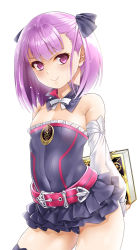 Rule 34 | 1girl, arms behind back, bare shoulders, blush, book, chi gura-ya, detached sleeves, fate/grand order, fate (series), flat chest, helena blavatsky (fate), highres, holding, holding book, looking at viewer, panties, pantyshot, purple eyes, purple hair, short hair, simple background, smile, solo, standing, strapless, thighhighs, underwear, white background