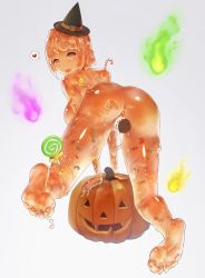 Rule 34 | 1girl, ass, barefoot, candy, candy cane, cum, cum in pussy, disembodied penis, feet, food, from behind, halloween, hat, heart, hekirake, highres, jack-o&#039;-lantern, lollipop, looking back, monster girl, nude, open mouth, orange eyes, original, penis, pumpkin, pussy, sex, short hair, simple background, slime girl, soles, toes, vaginal, white background, witch hat