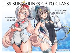 Rule 34 | 2girls, aqua hat, bell, black one-piece swimsuit, black ribbon, blonde hair, breasts, candy, character name, coat, collar, competition swimsuit, covered navel, drum (kancolle), flat chest, food, garrison cap, gloves, grey hair, hair ornament, hair ribbon, hair rings, hat, headgear, highleg, highleg swimsuit, highres, holding, holding candy, holding food, kantai collection, katou shinobu, lollipop, long hair, metal collar, multiple girls, neck bell, one-piece swimsuit, parted bangs, red hat, ribbon, scamp (kancolle), short shorts, shorts, side ponytail, small breasts, star (symbol), star hair ornament, swimsuit, swimsuit under clothes, thick thighs, thighs, two-tone one-piece swimsuit, very long hair, white coat, white gloves, white one-piece swimsuit, white shorts, yellow eyes