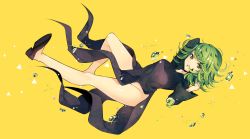 Rule 34 | 1girl, :o, bubble, dress, duji amo, full body, green eyes, green hair, legs, looking at viewer, matching hair/eyes, one-punch man, open mouth, shoes, short hair, side slit, solo, tatsumaki, usagihime, yellow background