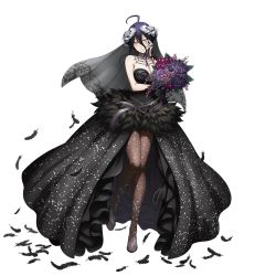 Rule 34 | 1girl, ahoge, albedo (overlord), black dress, black feathers, black hair, black wedding dress, bouquet, breasts, bridal veil, cleavage, demon girl, dress, feathers, female focus, flower, full body, holding, holding bouquet, large breasts, long hair, looking at viewer, official art, overlord (maruyama), pantyhose, smile, solo, standing, transparent background, veil, wedding dress, yellow eyes