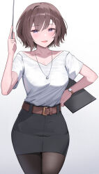 Rule 34 | 1girl, belt buckle, black pantyhose, black skirt, blush, breasts, brown hair, buckle, collarbone, commentary request, gakuen idolmaster, highres, holding, holding pointer, idolmaster, jewelry, looking at viewer, medium breasts, necklace, neo asari, pantyhose, pencil skirt, pointer, purple eyes, shirt, short hair, short sleeves, shougun (chuckni1), simple background, skirt, smile, solo, v-neck, watch, white background, white shirt, wristwatch