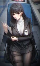 Rule 34 | 1girl, absurdres, black hair, black skirt, black suit, blue archive, blunt bangs, breasts, bright pupils, brown pantyhose, chair, clipboard, dark halo, formal, gileu, hair ornament, halo, highres, holding, holding clipboard, holster, id card, jacket, large breasts, long hair, on chair, pantyhose, red eyes, rio (blue archive), sitting, skirt, solo, suit, sweater, thigh holster, turtleneck, turtleneck sweater, very long hair, white pupils, white sweater