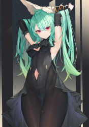 Rule 34 | 1girl, absurdres, aoria, armpits, arms up, black pantyhose, breasts, cleavage, clothing cutout, copyright request, crossed bangs, green hair, hair between eyes, highres, long hair, looking at viewer, navel, navel cutout, pantyhose, red eyes, small breasts, standing, sweat, thighs, underboob cutout