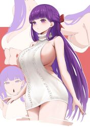 Rule 34 | 1girl, absurdres, alternate costume, areola slip, blunt bangs, bow, breasts, closed mouth, commentary request, fern (sousou no frieren), hair bow, highres, large breasts, lhoting, long hair, looking at viewer, meme attire, multiple views, purple eyes, purple hair, red bow, sideboob, sousou no frieren, sweater, turtleneck, turtleneck sweater, very long hair, virgin killer sweater, white sweater