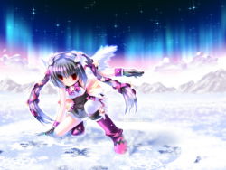 Rule 34 | 1girl, angel wings, black hair, boots, dress, gloves, ice, kooh, magical girl, night, pangya, pink footwear, purple ribbon, red eyes, ribbon, sky, solo, star (sky), star (symbol), starry sky, thai text, twintails, wings