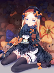 Rule 34 | 1girl, :o, abigail williams (fate), black bow, black dress, black footwear, black hat, black thighhighs, blonde hair, bloomers, blue eyes, blush, bow, bug, butterfly, commentary request, cup, dress, fate/grand order, fate (series), forehead, full body, hair bow, hat, head tilt, highres, hmniao, holding, holding saucer, hugging object, insect, long hair, long sleeves, looking at viewer, mary janes, orange bow, parted bangs, parted lips, polka dot, polka dot bow, revision, saucer, shoes, sitting, sleeves past wrists, solo, spoon, stuffed animal, stuffed toy, teacup, teddy bear, thighhighs, underwear, very long hair, wariza, white bloomers