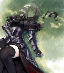 Rule 34 | ahoge, armor, capelet, chain, closed eyes, fate/grand order, fate (series), grass, grey hair, hand on own stomach, headpiece removed, highres, jeanne d&#039;arc (fate), jeanne d&#039;arc (ruler) (fate), jeanne d&#039;arc alter (avenger) (fate), jeanne d&#039;arc alter (fate), lying, on back, setsuka (okuna sin), sleeping, solo, thighhighs, thighs