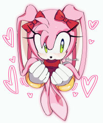 1girl alternate_species amy_rose animal_ears blush bow commentary cropped_torso dress ear_bow english_commentary gloves green_eyes heart highres holding_ears kou_sonic looking_to_the_side pink_fur rabbit_ears rabbit_girl sleeveless sleeveless_dress solo sonic_(series)