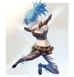 Rule 34 | 1girl, bare shoulders, belt, black gloves, black pants, black tank top, blue eyes, blue hair, boots, breasts, clenched hand, cofffee, combat boots, crossed arms, earrings, fighting stance, full body, gas can, gloves, jewelry, leona heidern, looking at viewer, midriff, pants, ponytail, simple background, solo, sports bra, standing, tank top, the king of fighters, the king of fighters xiii, triangle earrings