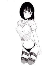 Rule 34 | 1girl, absurdres, bad id, bad pixiv id, black hair, black panties, dende (dndn222), facing viewer, greyscale, highres, leaning forward, looking at viewer, monochrome, navel, original, panties, scan, scan artifacts, shirt, short hair, solo, standing, stomach, thighhighs, tied shirt, traditional media, underwear, white shirt