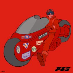 Rule 34 | 1boy, 38mari10, akira (manga), black hair, boots, gloves, goggles, goggles on head, highres, jacket, kaneda shoutarou&#039;s bike, kaneda shoutarou (akira), long sleeves, motor vehicle, motorcycle, on motorcycle, pants, red background, red footwear, red gloves, red jacket, red pants, red theme, short hair, simple background, solo