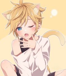 Rule 34 | 1boy, animal ears, artist name, black shorts, blue eyes, cat boy, cat ears, cat tail, commentary request, extra ears, fang, fingernails, hand up, hinata mizuiro, kagamine len, long sleeves, looking at viewer, male focus, one eye closed, open mouth, shirt, short hair, shorts, skin fang, solo, tail, vocaloid, white shirt, yawning, yellow background