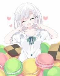 Rule 34 | 1girl, :d, ^ ^, blush, checkerboard cookie, closed eyes, collarbone, commentary request, cookie, dress shirt, facing viewer, fingers to cheeks, food, hair ornament, head tilt, highres, in food, long hair, macaron, open mouth, original, puffy short sleeves, puffy sleeves, revision, shirt, short sleeves, silver hair, simple background, smile, solo, tantan men (dragon), white background, white shirt, x hair ornament