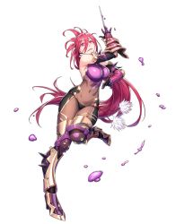 Rule 34 | 1girl, armor, bare shoulders, boots, breasts, choker, curvy, female focus, full body, hair between eyes, highres, jumping, large breasts, lilith-soft, long hair, looking at viewer, ninja, pink eyes, pink hair, poison, ponytail, simple background, solo, taimanin (series), taimanin asagi, taimanin rpgx, thong, white background, yanagi rokuho, yuuji (and)