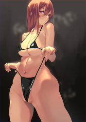 Rule 34 | 1girl, absurdres, bikini, bikini bottom lift, bikini top lift, black bikini, border, breasts, brown hair, clothes lift, highres, inushima, large breasts, lifting own clothes, long hair, looking at viewer, micro bikini, navel, original, partially visible vulva, red border, red eyes, solo, standing, swimsuit, thighs, underboob, wedgie, wide hips
